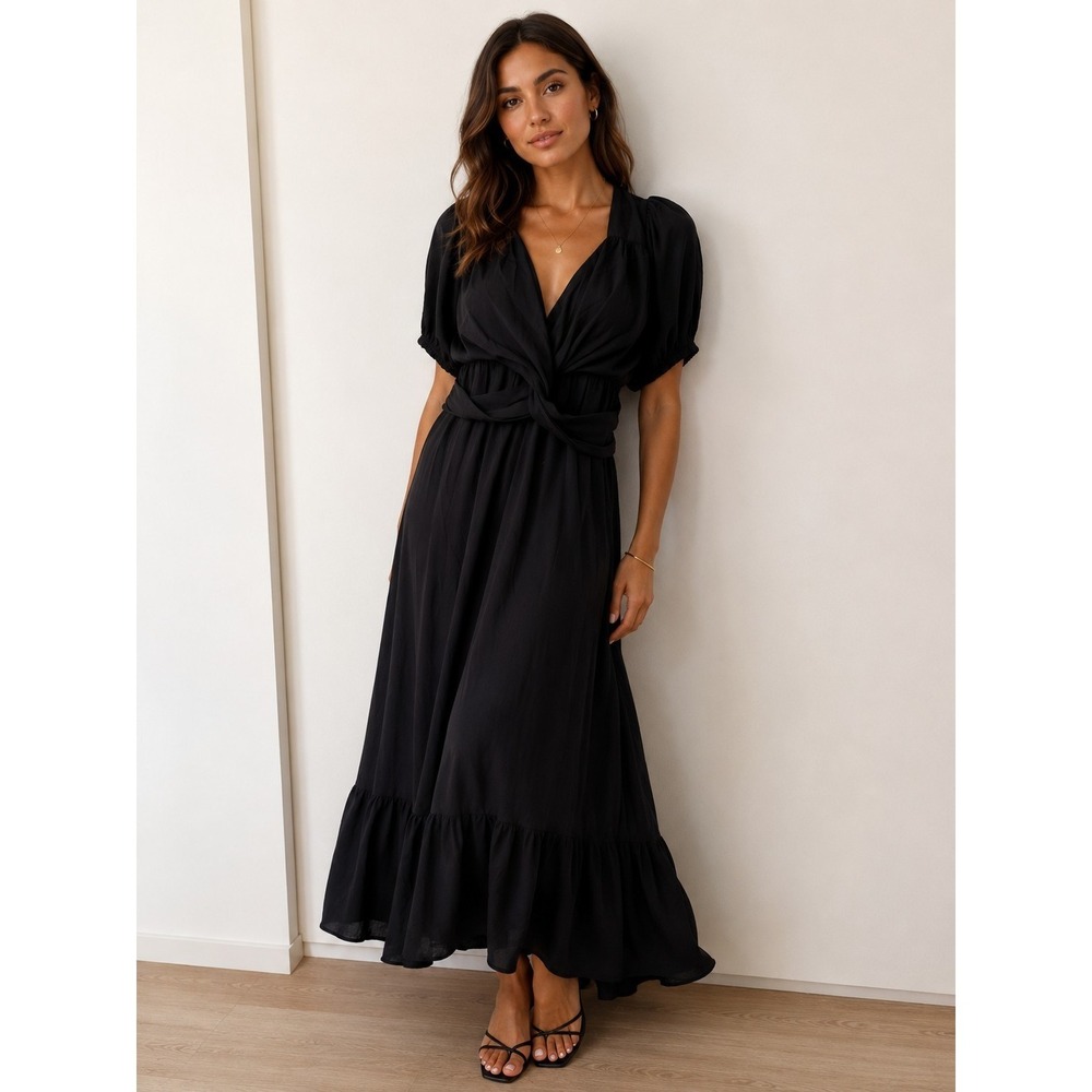 BAEVELY Dress Womens 2XL Black Wrap Maxi Puff Sleeve Ruffle V Neck Rayon NWT